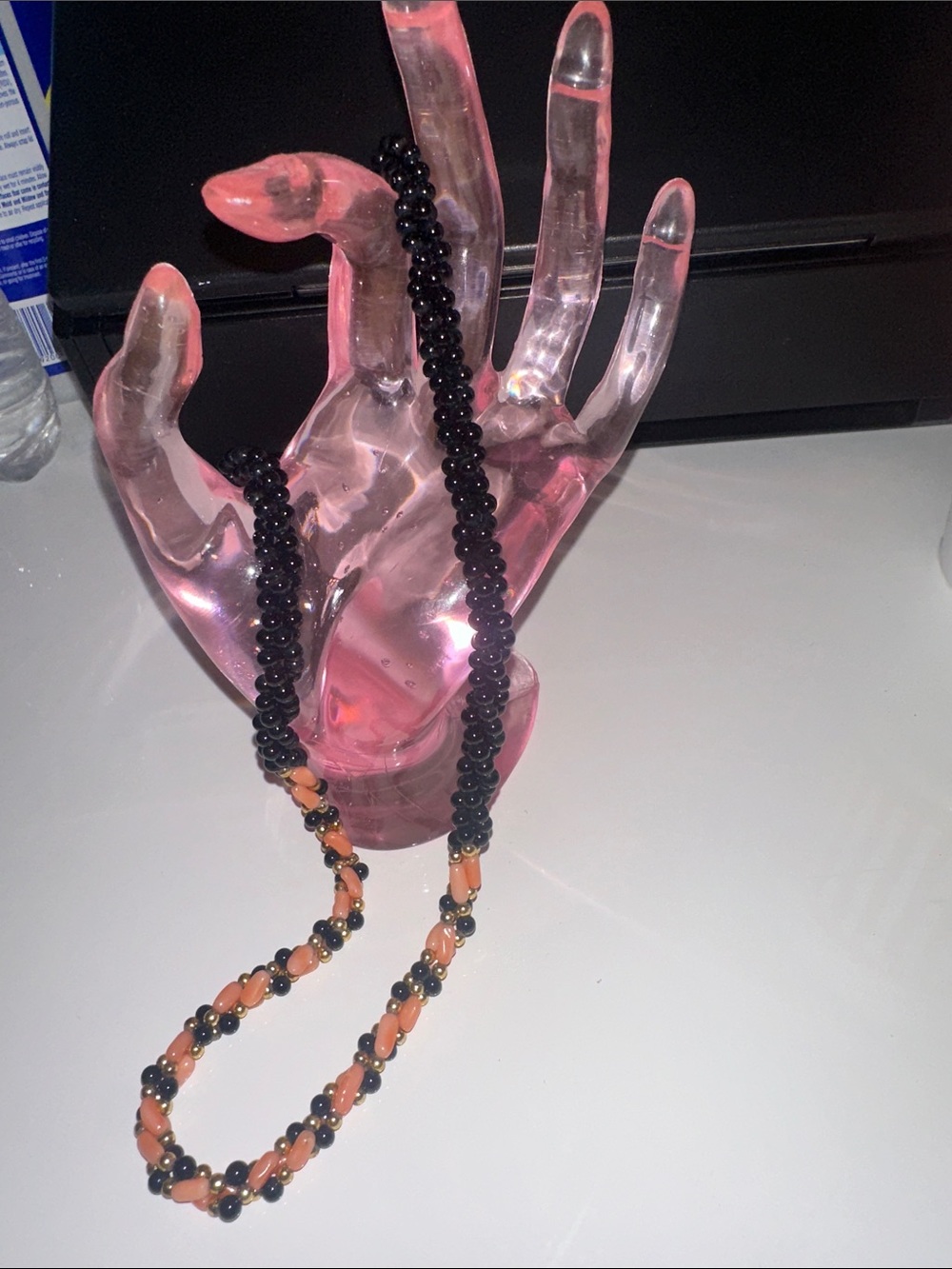 Vintage Twisted 3 Strand Black, Gold & Coral Beaded Necklace.